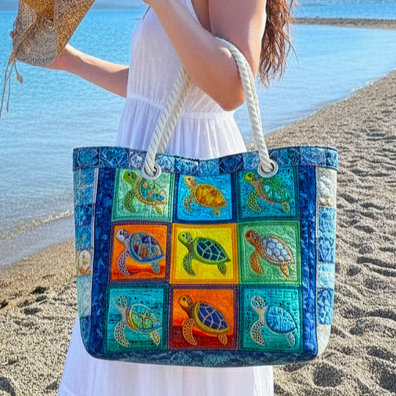 静かな海がめ柄 ハンドメイドビーチバッグ | キルティングトート